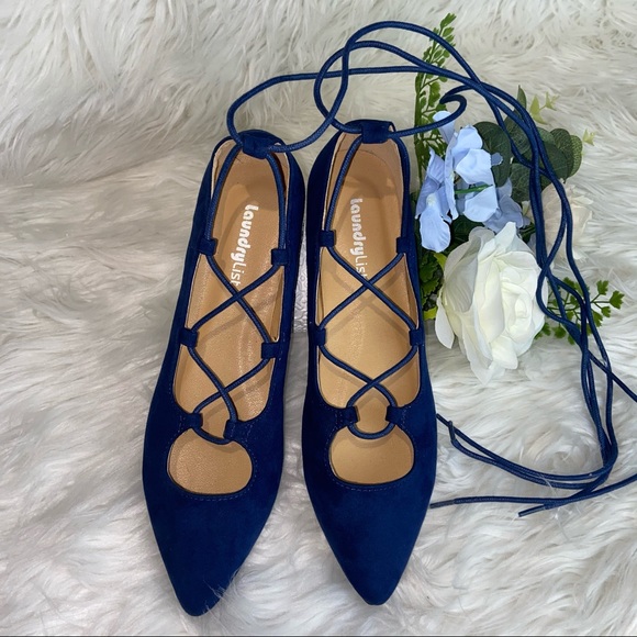 NWOT Laundry List Lace Up Pointed Toe Blue Flats - Picture 5 of 7